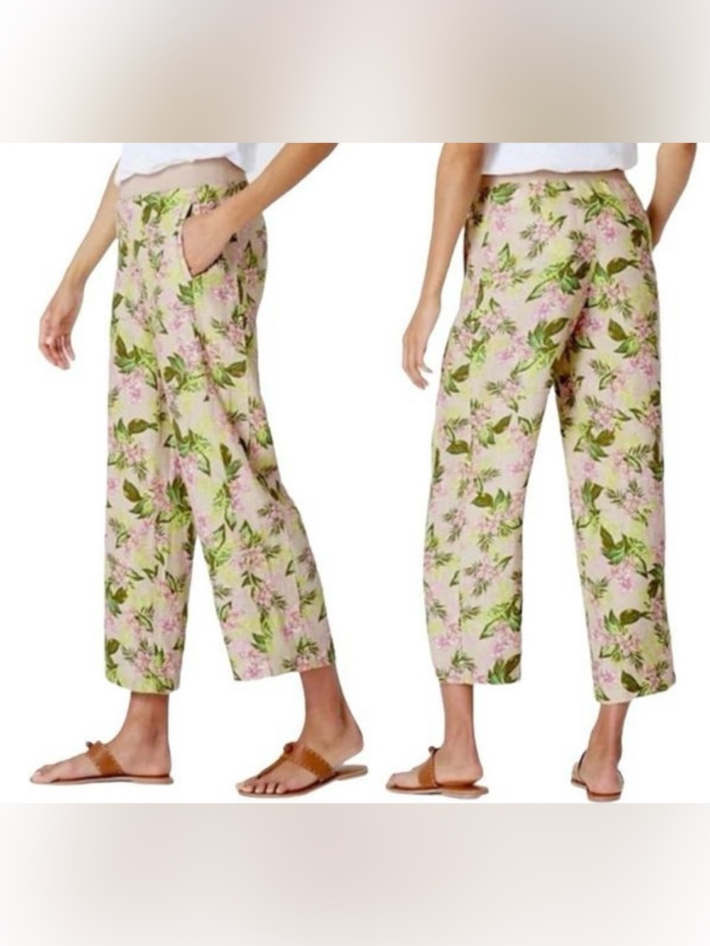 J. Jill Love Linen Tan Floral Wide Leg Cropped Pants Pull On Sz M Casual Coastal